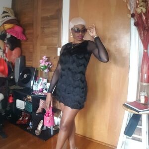 Chic Black Fringe Dress with Sheer Sleeves